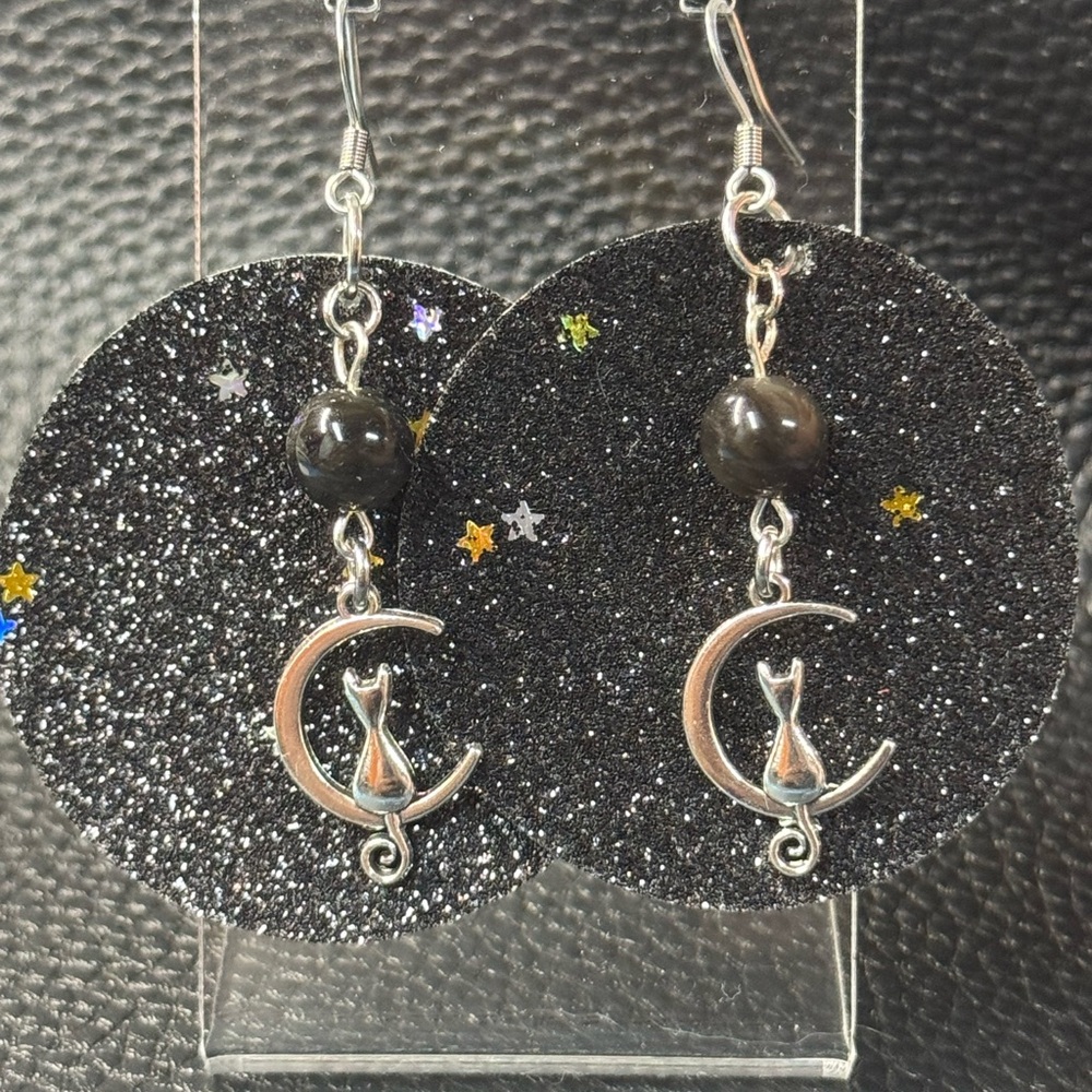 Silver Moon Cat Black Glitter Earrings
